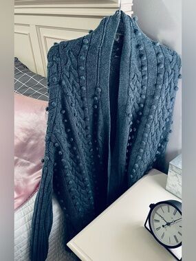 Moda International Dark Gray/blue oversized cable knit Pom-Pom Open Cardigan